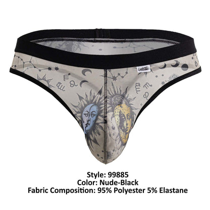 Nude and black sheer thong with celestial sun moon faces stars and zodiac symbols on mesh fabric by candyman
