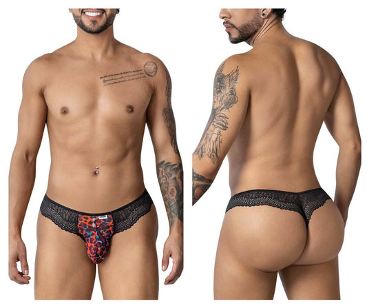 Black lace-trimmed men’s briefs with red orange and black leopard print front panel candyMan 99887 animal print