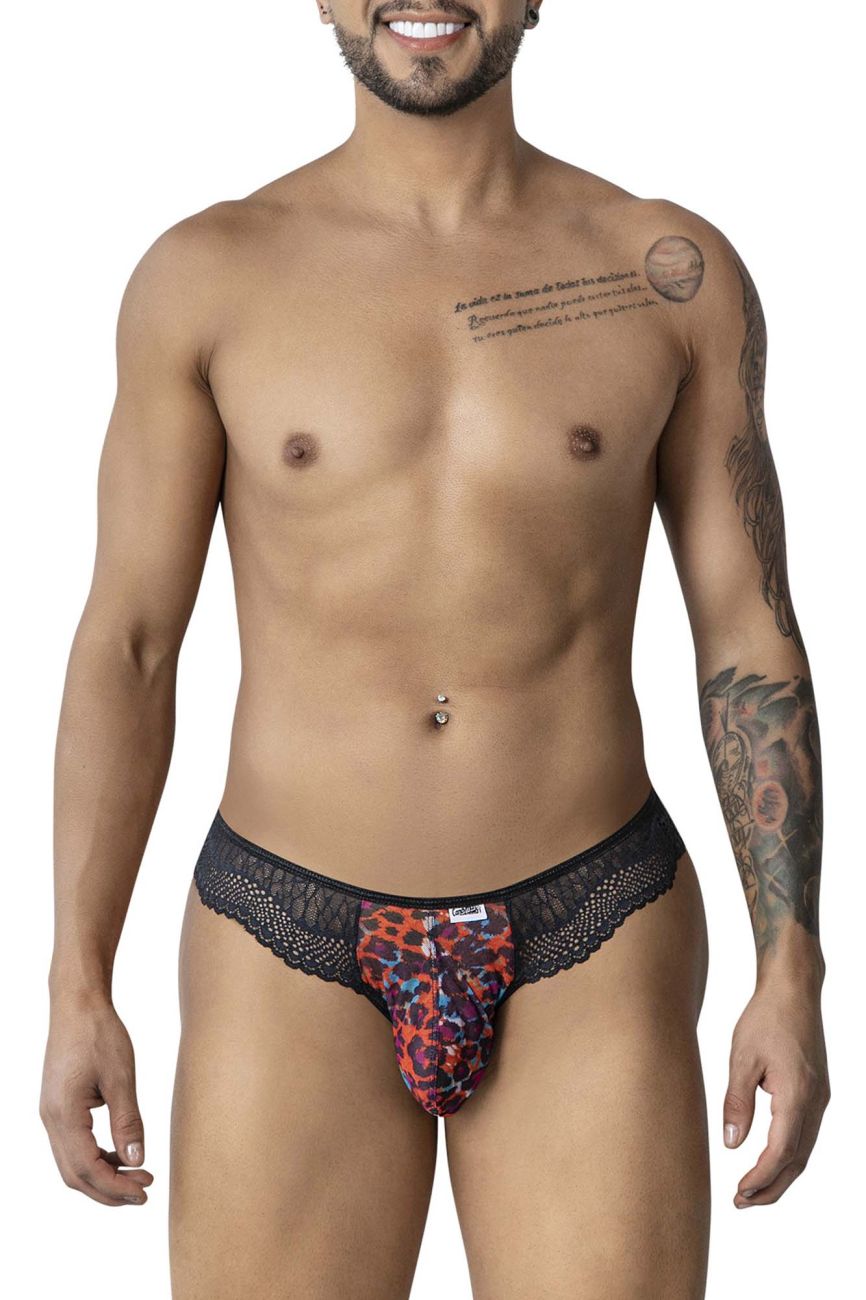 Black lace-trimmed men’s briefs candyMan 99887 with vibrant red orange and purple leopard print animal pattern