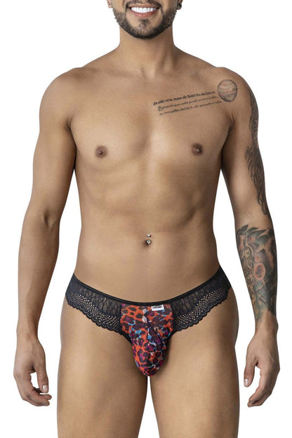 Black lace-trimmed men’s briefs candyMan 99887 with vibrant red orange and purple leopard print animal pattern