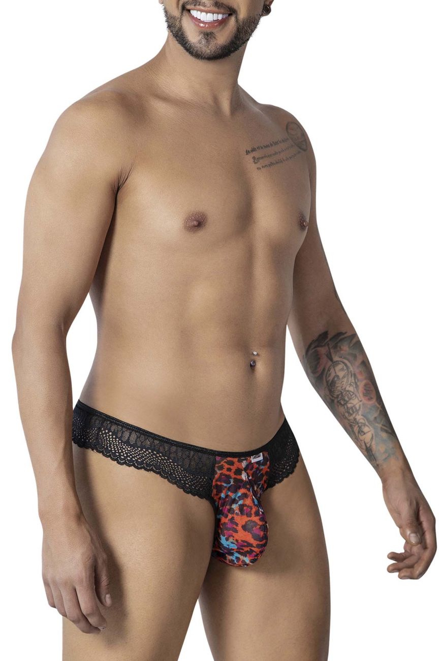 Black lace-trimmed men’s briefs with vibrant red orange and blue leopard print pouch candyMan 99887 animal print