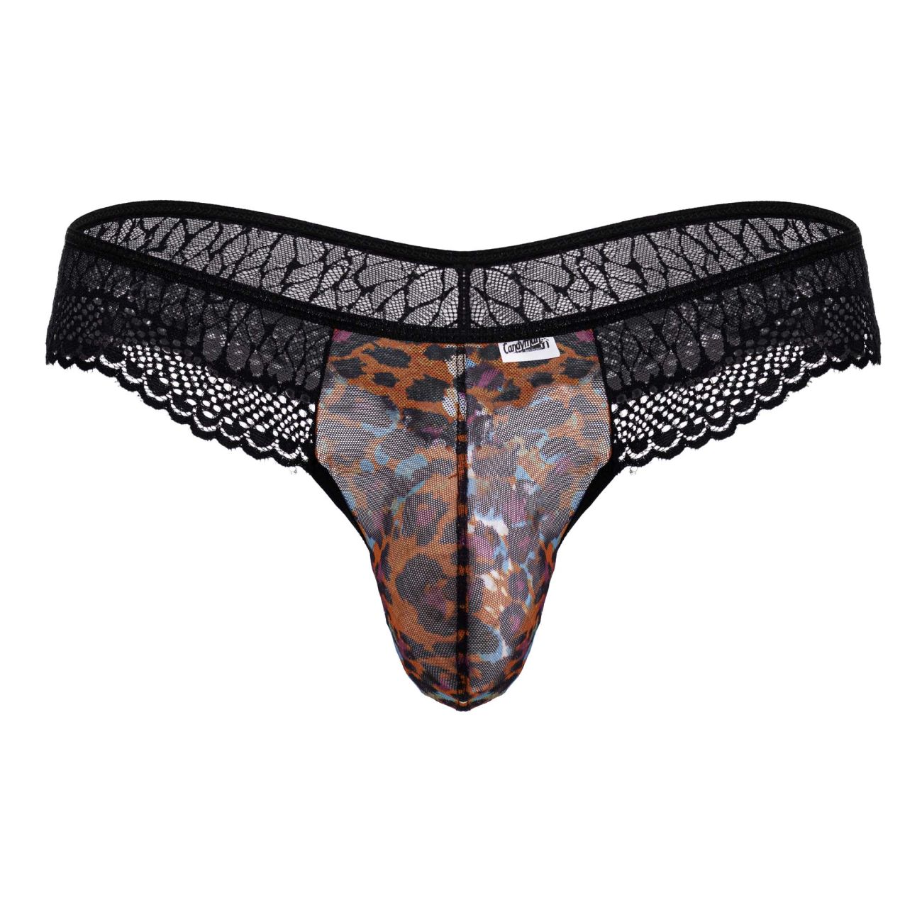 Black lace-trimmed thong with a sheer leopard-print mesh front from CandyMan 99887 animal print collection