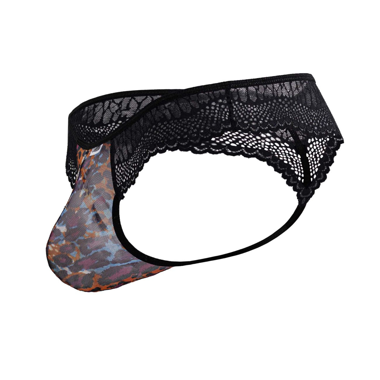 Black lace-trimmed CandyMan 99887 men’s thong with leopard print mesh front panel animal print color