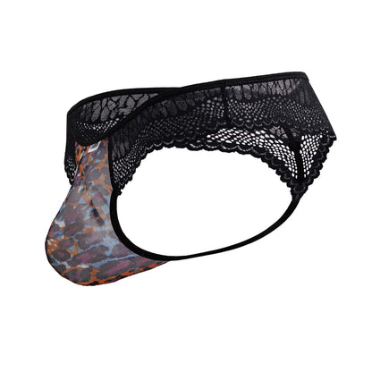 Black lace-trimmed CandyMan 99887 men’s thong with leopard print mesh front panel animal print color