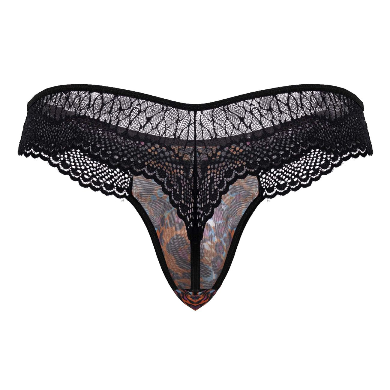 Black lace CandyMan 99887 leopard thong with sheer iridescent floral inner panel and animal print design