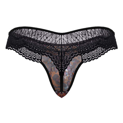 Black lace CandyMan 99887 leopard thong with sheer iridescent floral inner panel and animal print design