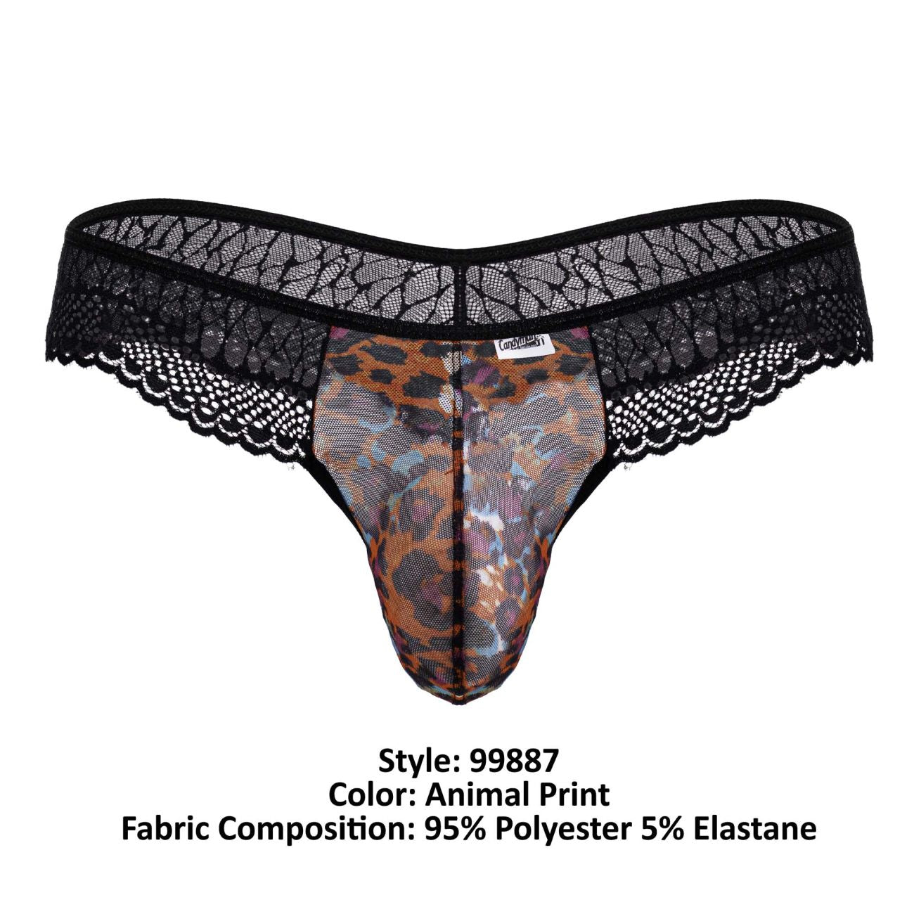 Black lace-trimmed thong with leopard print center panel candyMan 99887 made of 95 polyester and 5 elastane