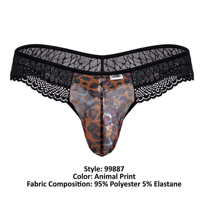 Black lace-trimmed thong with leopard print center panel candyMan 99887 made of 95 polyester and 5 elastane