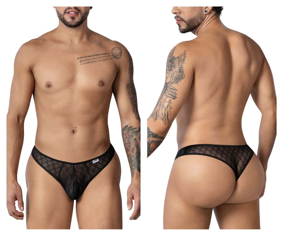 Black CandyMan 99894 sheer mesh briefs with subtle geometric pattern and solid black waistband front view