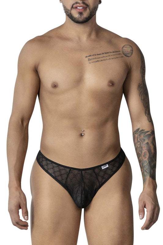 Black lace thong CandyMan 99894 with subtle geometric mesh pattern and white brand tag on waistband