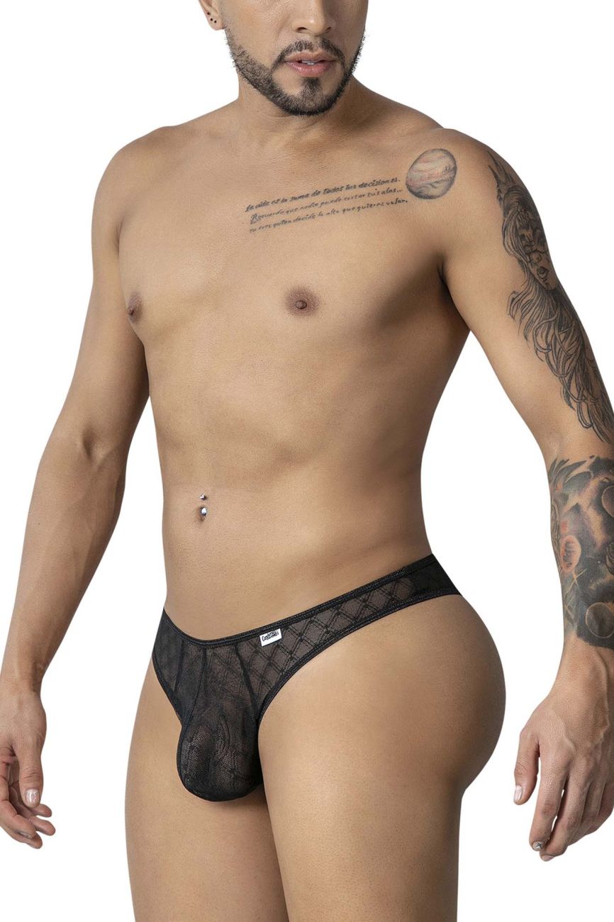 Black lace mens briefs with a subtle geometric mesh pattern and small brand tag on the waistband by candyman