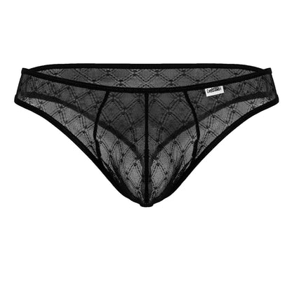 Black lace thong candy man 99894 with diamond-patterned mesh and reinforced elastic waistband in black shown from back