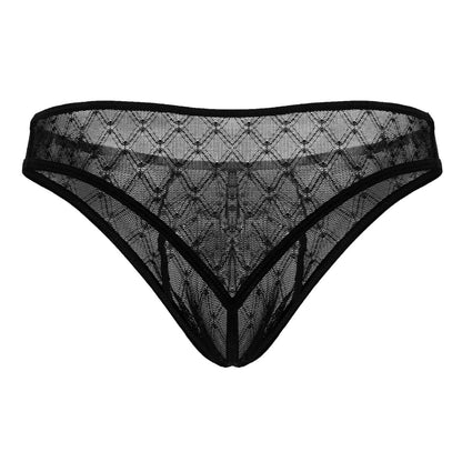 CandyMan 99894 black sheer lace thong with geometric diamond mesh design and solid black trim front view
