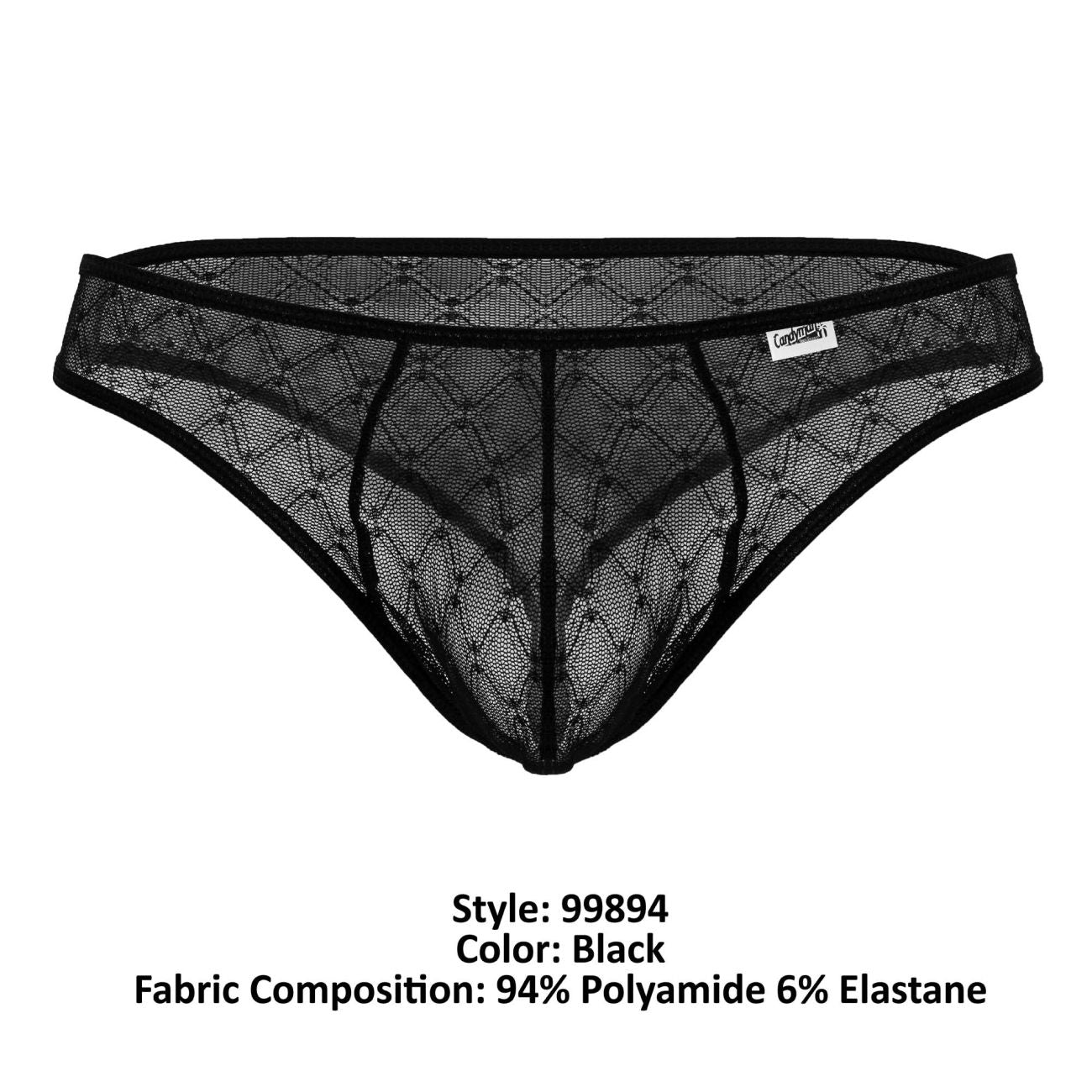 Black lace thong candyMan 99894 with diamond-patterned mesh and reinforced elastic waistband in black shown from back