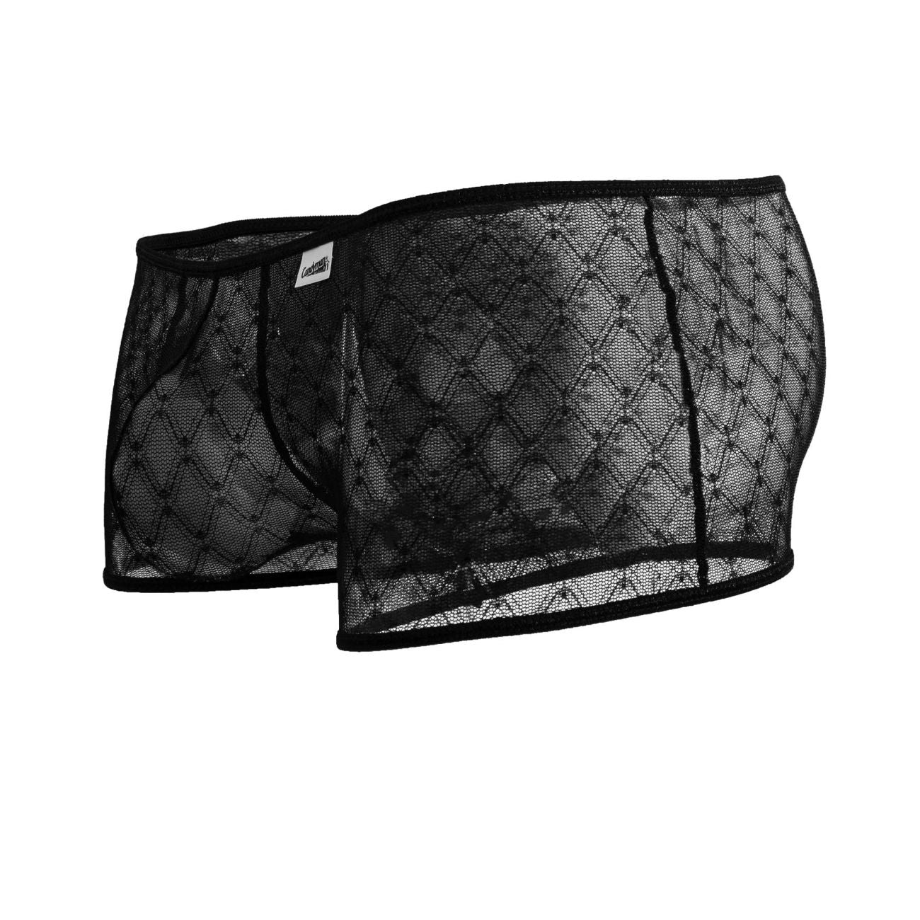 CandyMan 99896 black mesh trunks with diamond-patterned design and black lace trim for stylish men’s underwear