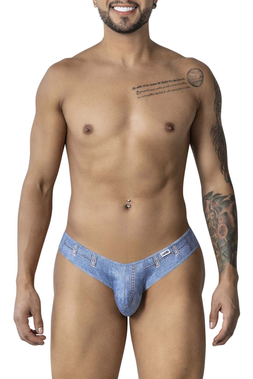 Light blue denim cowboy briefs candyman 99897 with belt loop and button design front view