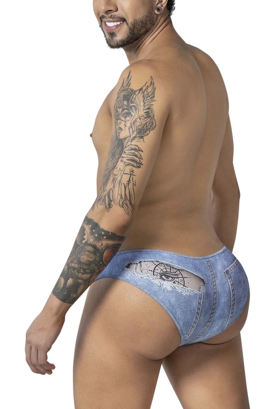 Blue denim CandyMan 99897 cowboy briefs with a ripped design revealing an eye motif through the tear