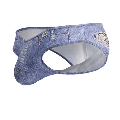 Blued denim style candy man 99897 cowboy briefs for men with distressed patch and lace trim