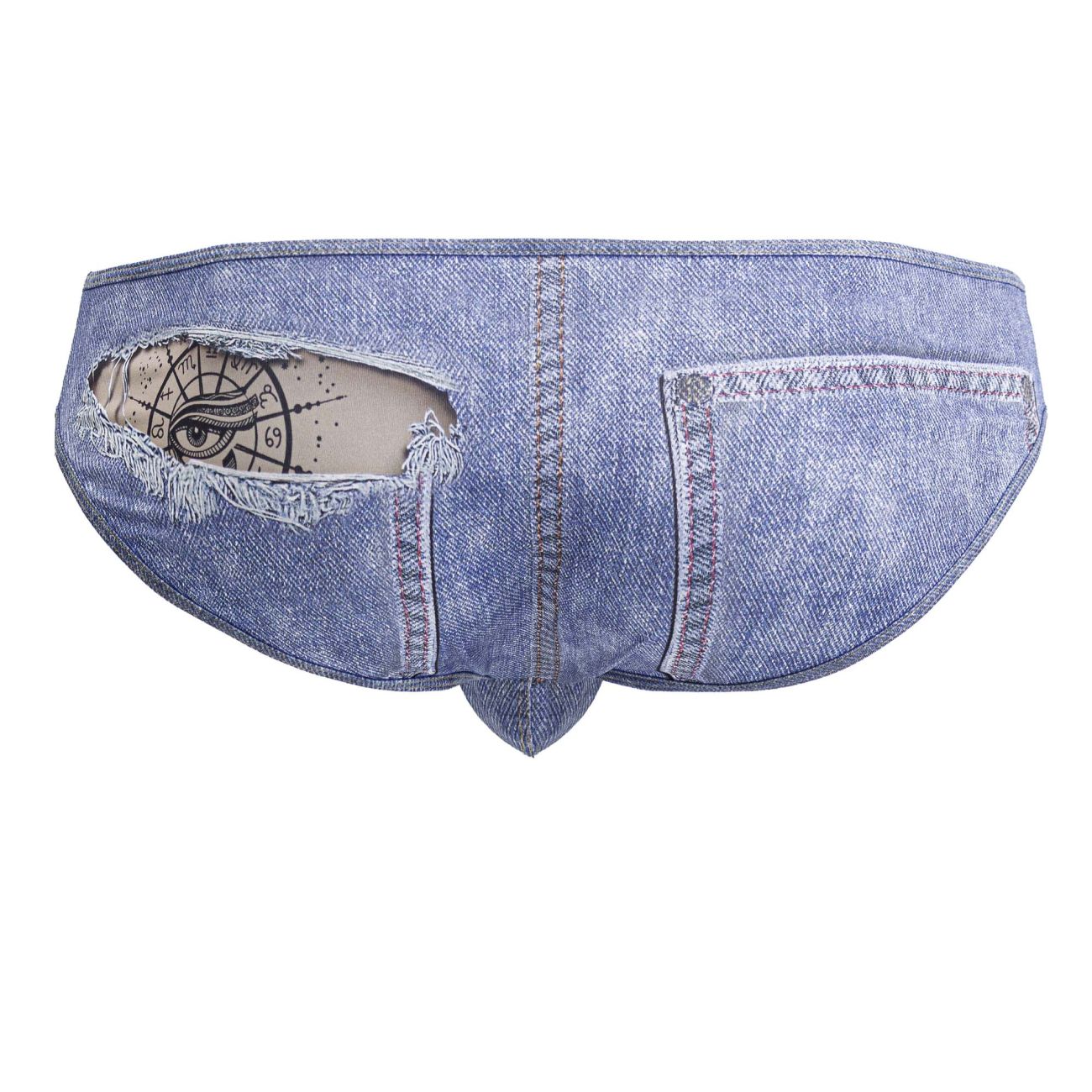 CandyMan 99897 cowboy briefs denim blue men’s underwear with distressed ripped patch revealing eye and clock design