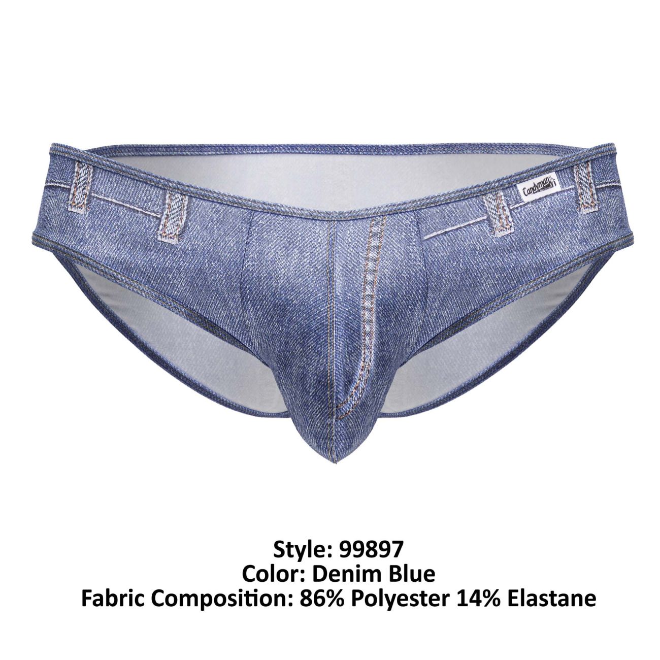 Denim blue candyMan cowboy briefs with faux denim texture and stitched pocket details for men