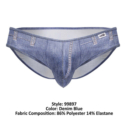 Denim blue candyMan cowboy briefs with faux denim texture and stitched pocket details for men