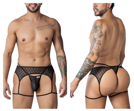 Black lace thong CandyMan 99898 with adjustable straps and geometric mesh design in black shown from the back side