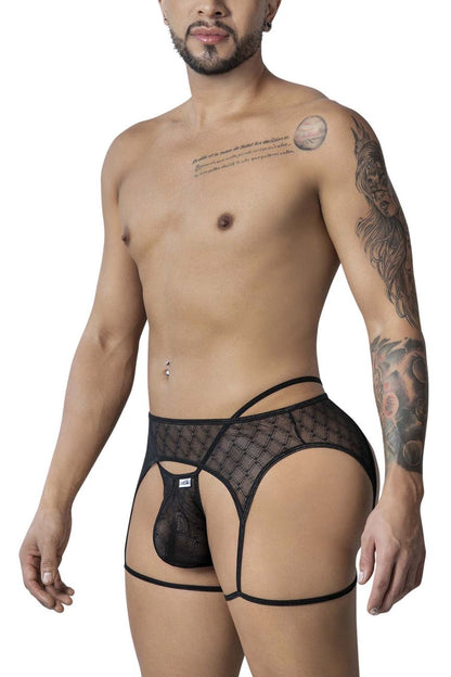 CandyMan 99898 black mesh briefs with diamond patterned design and thin supportive straps front view