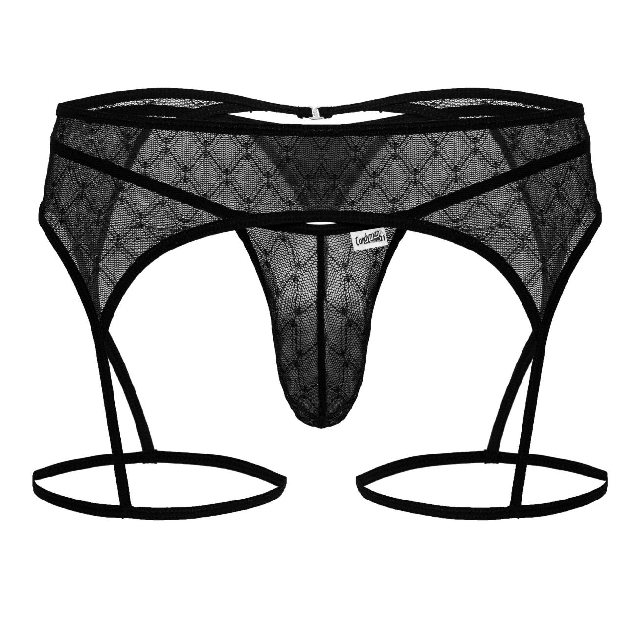 Black lace thong candy man 99898 with adjustable garter straps and diamond-patterned mesh design in black color