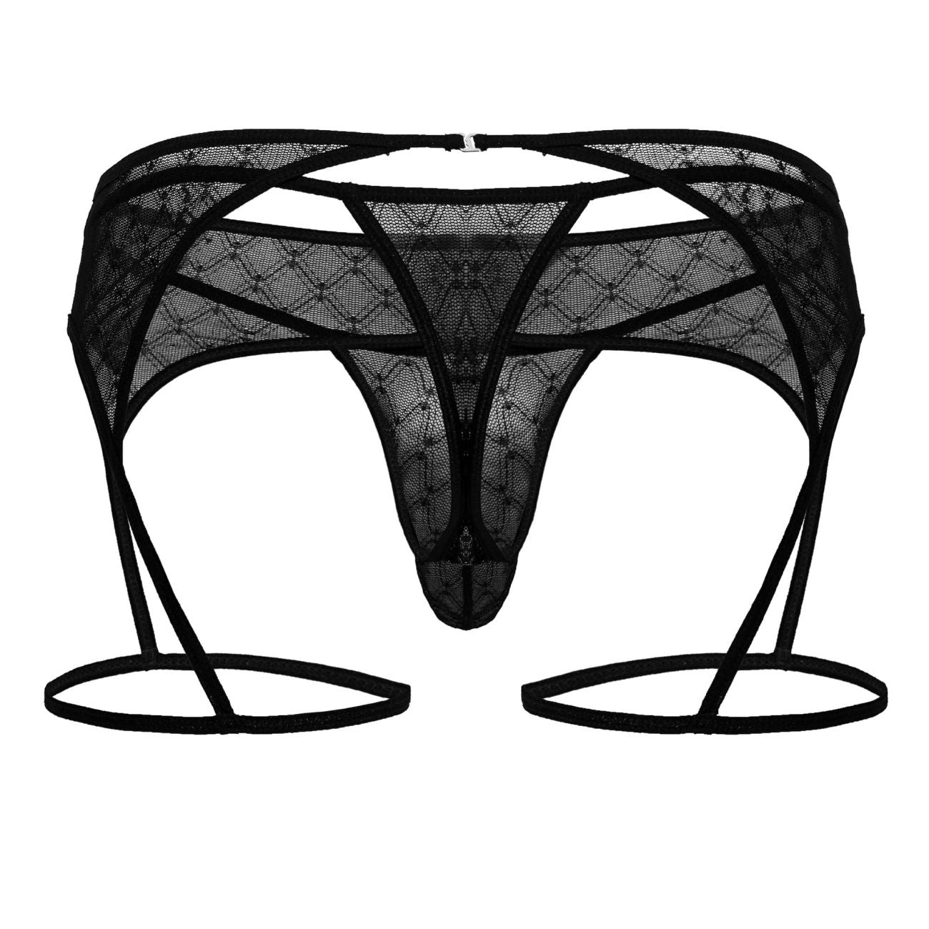 Black lace thong candy man 99898 with garter straps and diamond patterned geometric mesh design front view