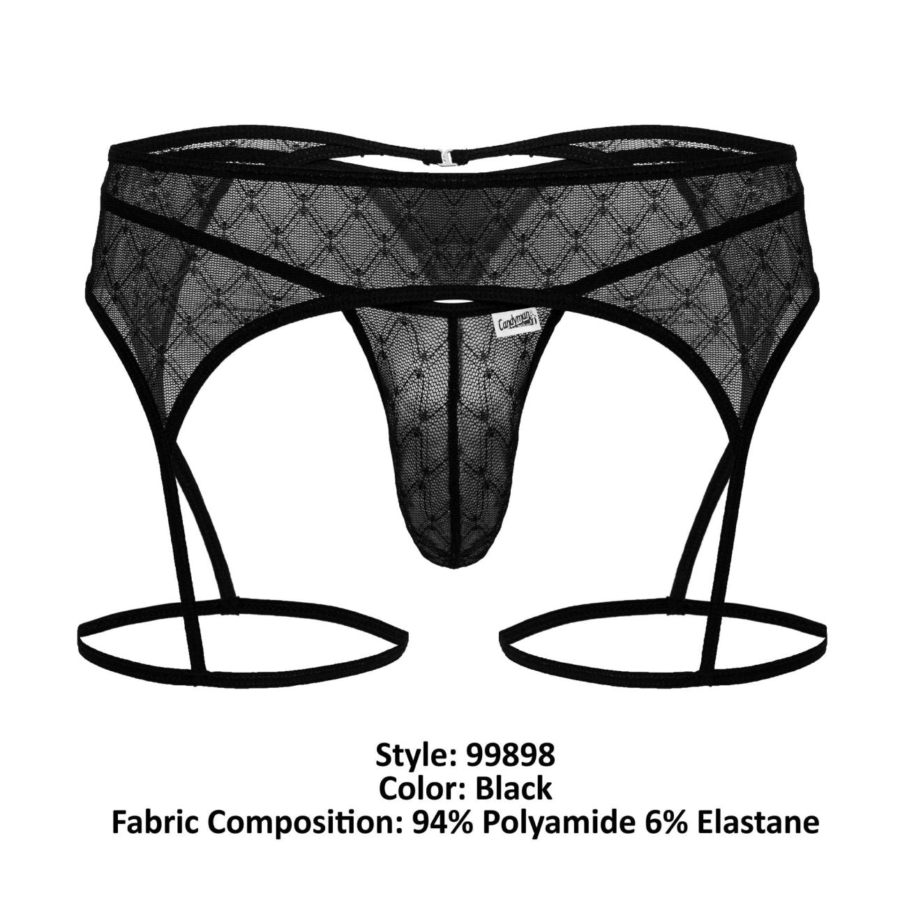 Black lace CandyMan 99898 garter belt with geometric diamond mesh and elastic straps in black color