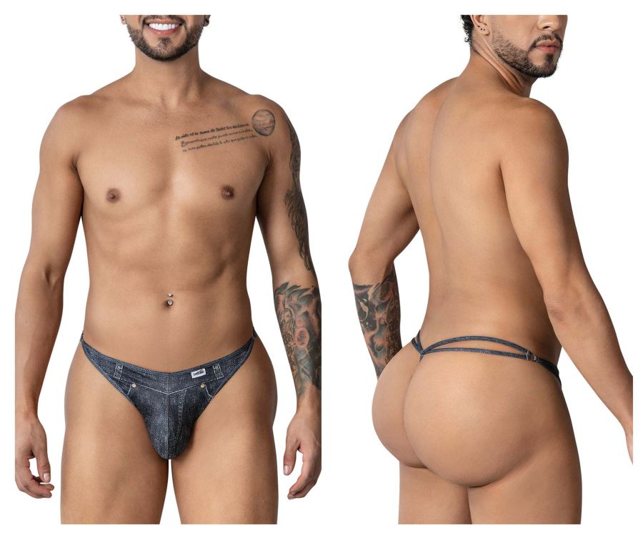 Blue denim thong with small white brand tag on front from candyman 99899 cowboy thongs collection