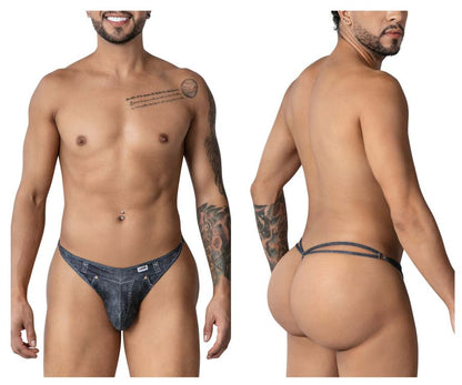 Blue denim thong with small white brand tag on front from candyman 99899 cowboy thongs collection