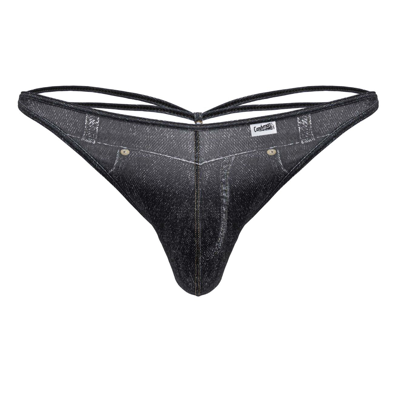Black denim-style CandyMan 99899 cowboy thong with subtle glittery sheen and reinforced stitching details