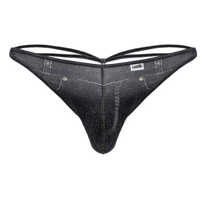 Black denim-style CandyMan 99899 cowboy thong with subtle glittery sheen and reinforced stitching details