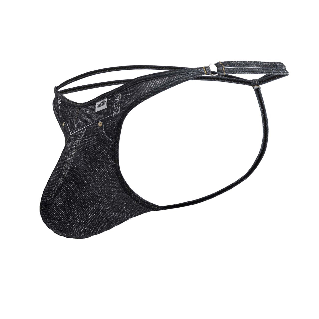 Black denim candyMan 99899 cowboy thong for men with subtle textured weave and reinforced stitching
