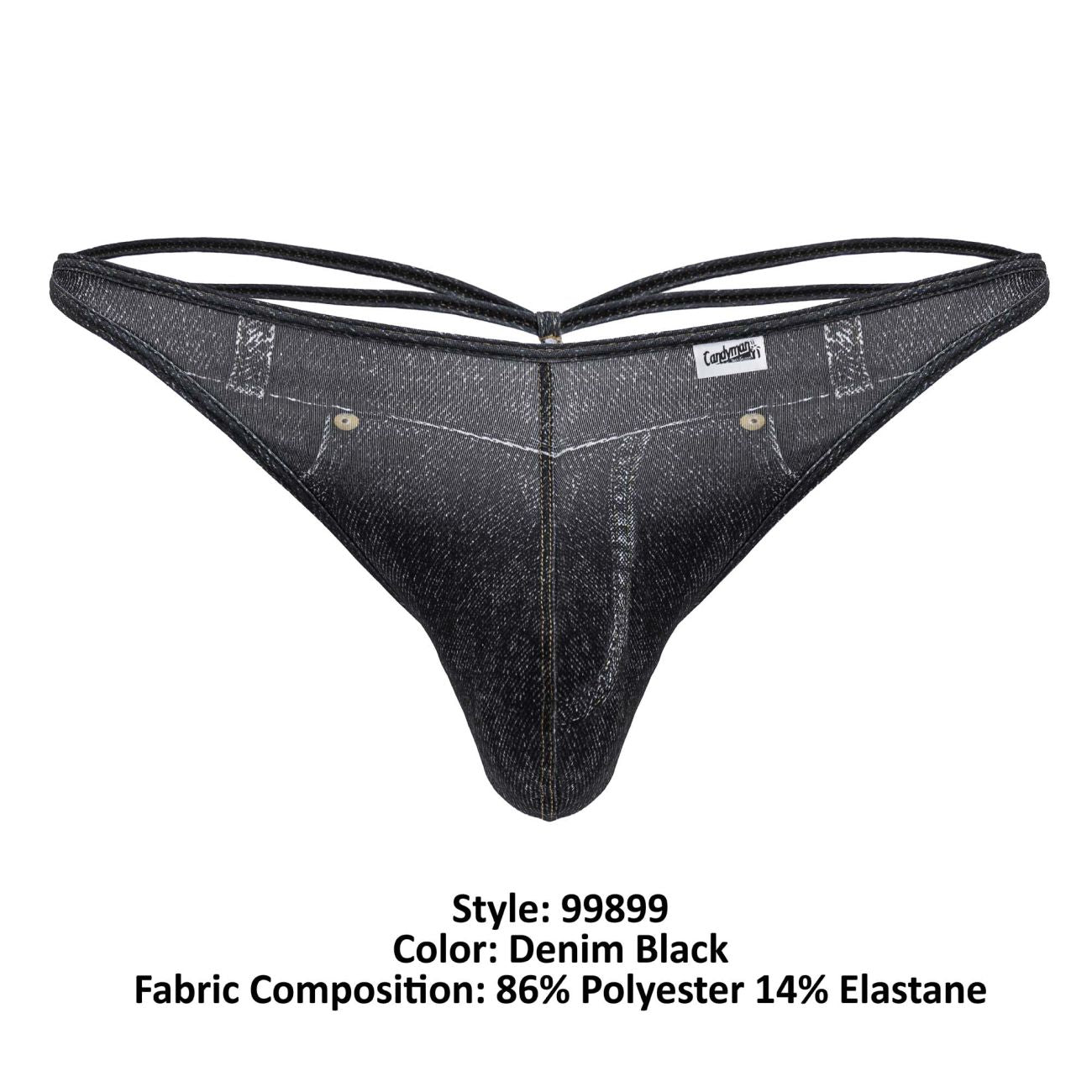 Denim black cowboy thong by candyman 99899 with textured shiny fabric and reinforced stitching details