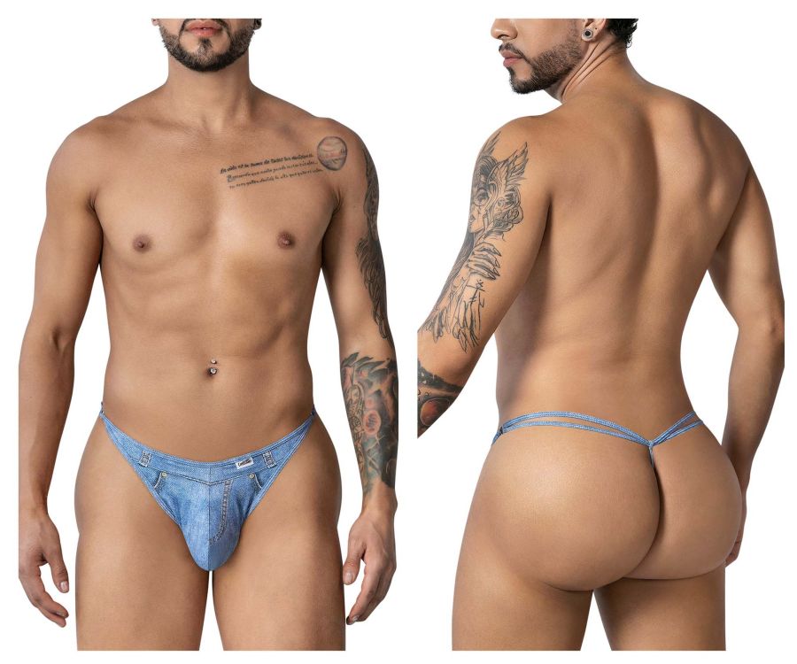 Candyman 99899 cowboy thong in denim blue with small front pocket and belt loops in denim-style fabric