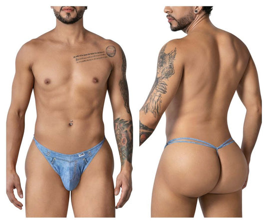 Candyman 99899 cowboy thong in denim blue with small front pocket and belt loops in denim-style fabric