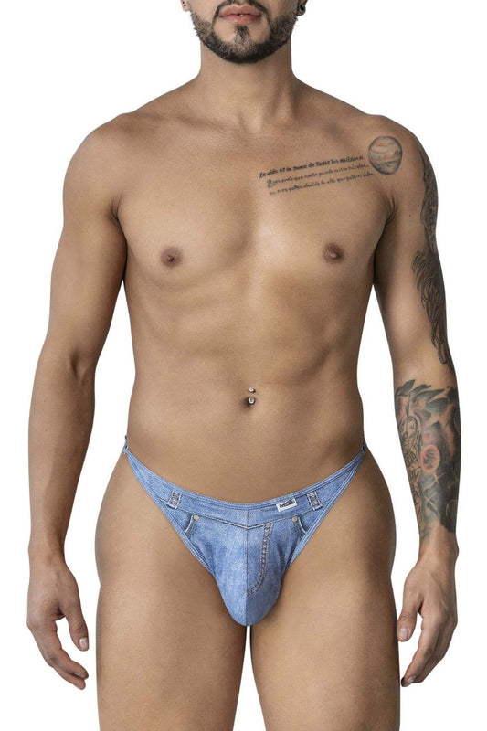 Light blue denim briefs with subtle faded wash and stitched detailing from Candyman 99899 cowboy thongs collection