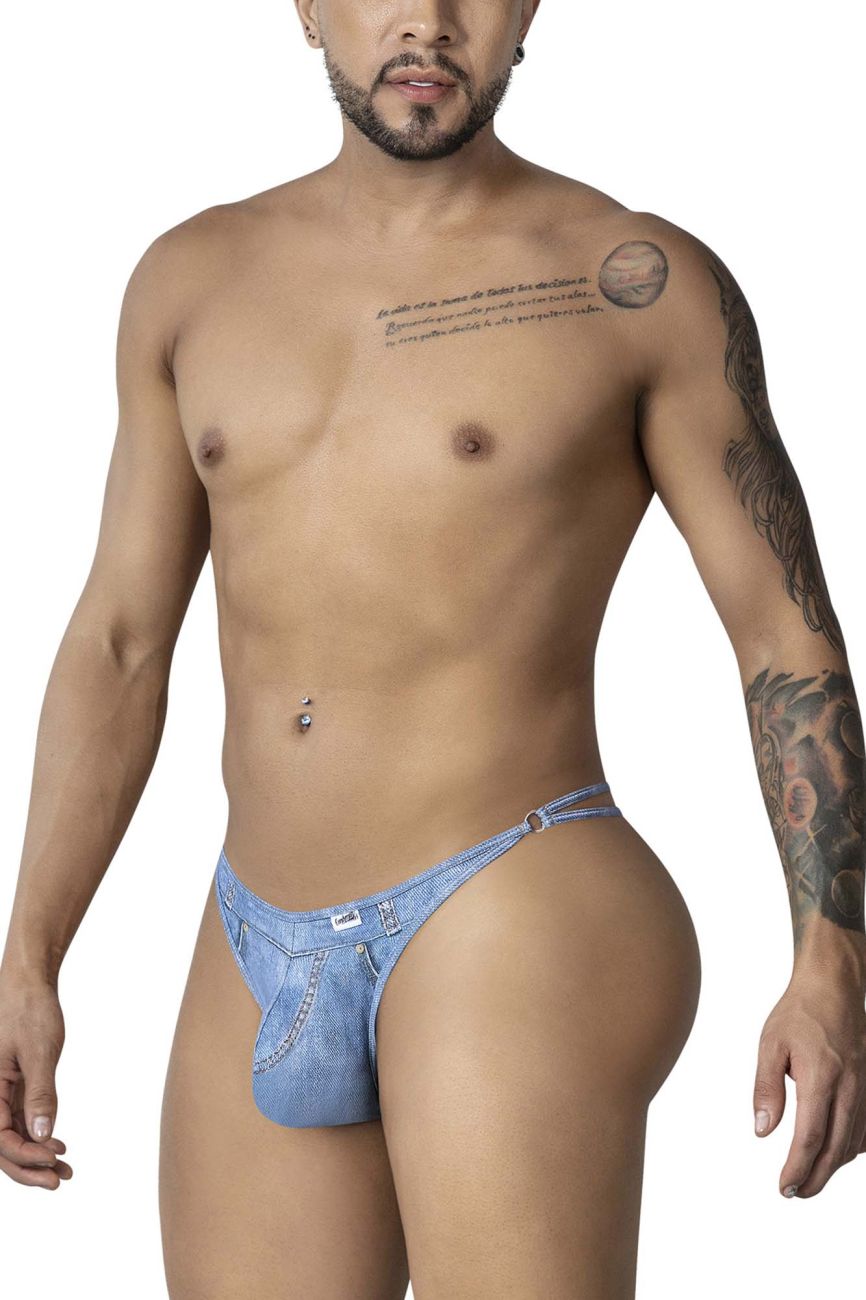 Light blue denim briefs candyMan 99899 cowboy thongs with subtle textured pattern and small waistband brand tag
