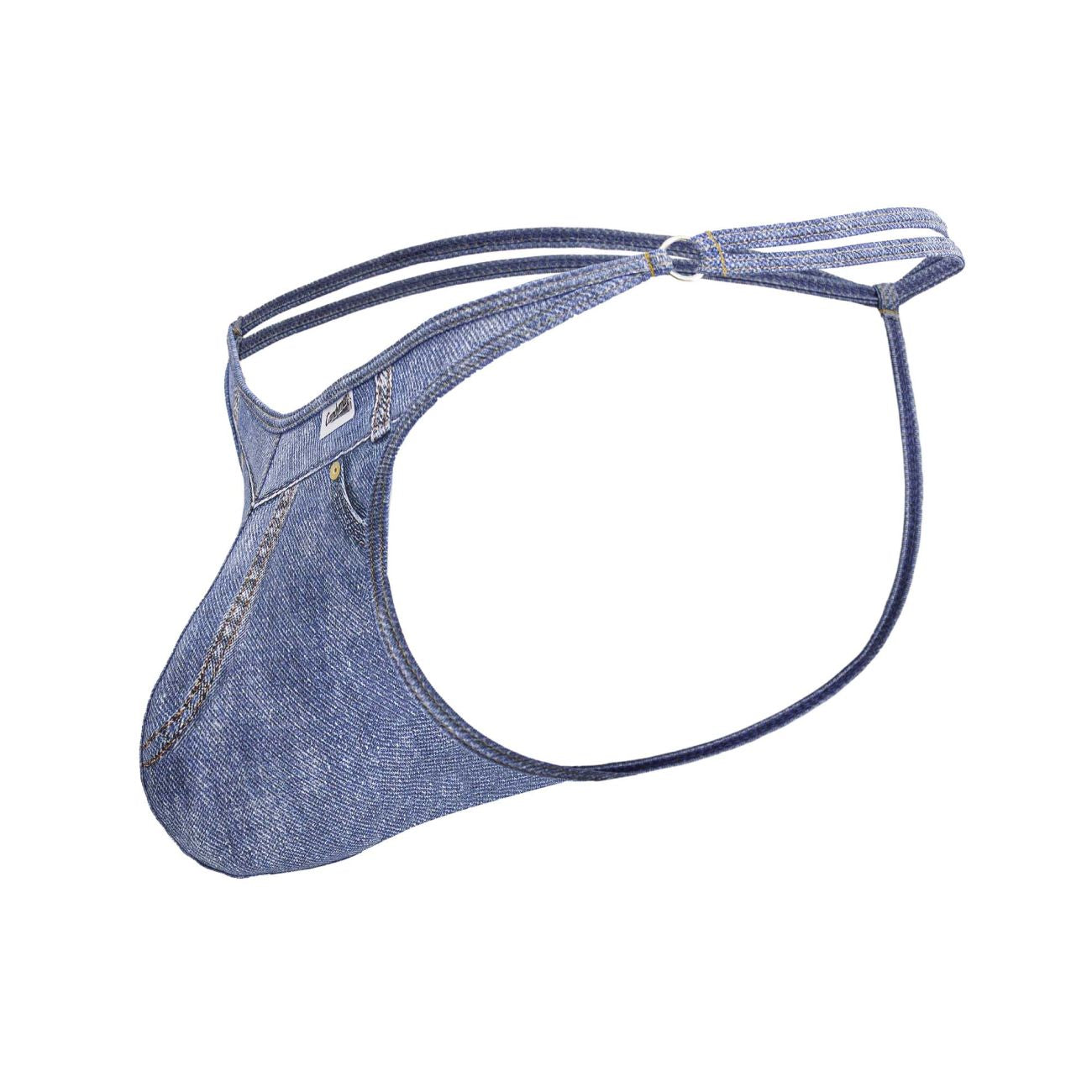 CandyMan 99899 cowboy thong in blue denim with subtle faded wash and reinforced stitching along edges