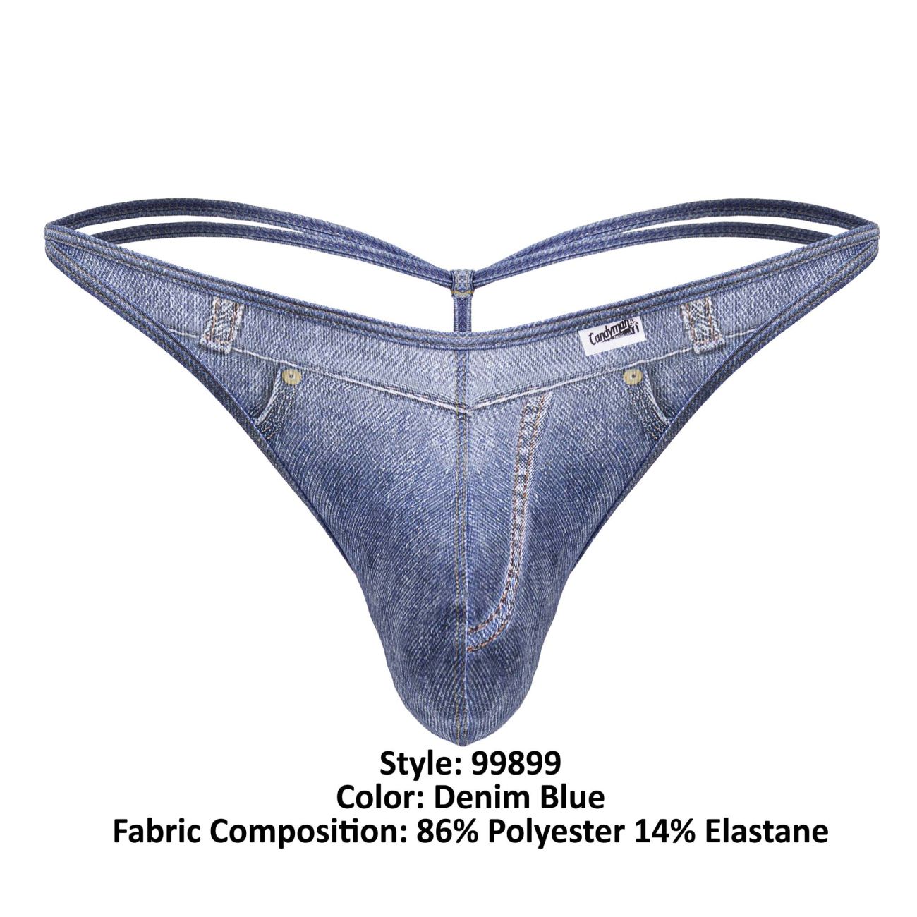 Denim blue CandyMan 99899 cowboy thong made of 86% polyester and 14% elastane with classic stitched denim texture