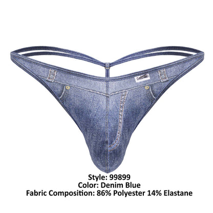Denim blue CandyMan 99899 cowboy thong made of 86% polyester and 14% elastane with classic stitched denim texture