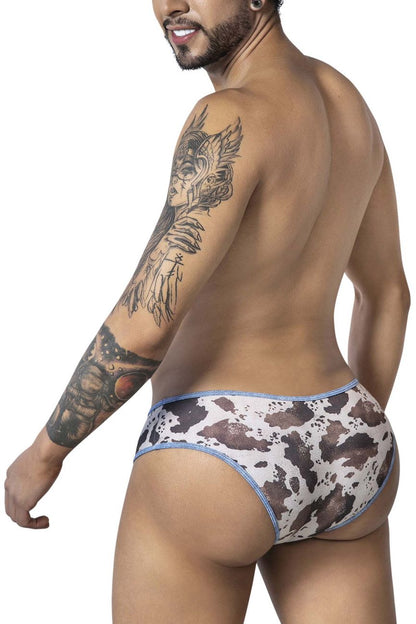 Candidman 99900 cowboy briefs in white and brown cow print with light blue trim for comfortable daily wear