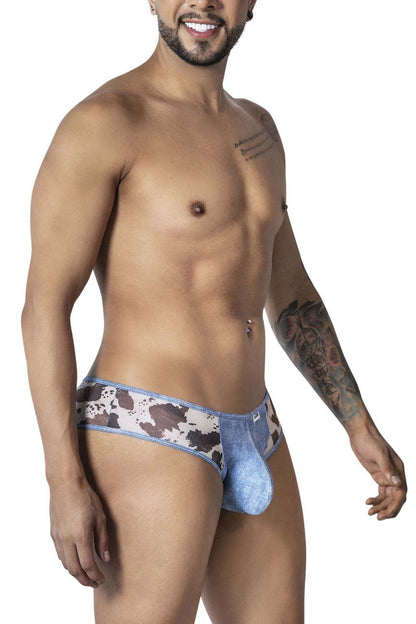 Candyman 99900 cowboy briefs in blue and brown cow print with denim-like texture for comfortable wear