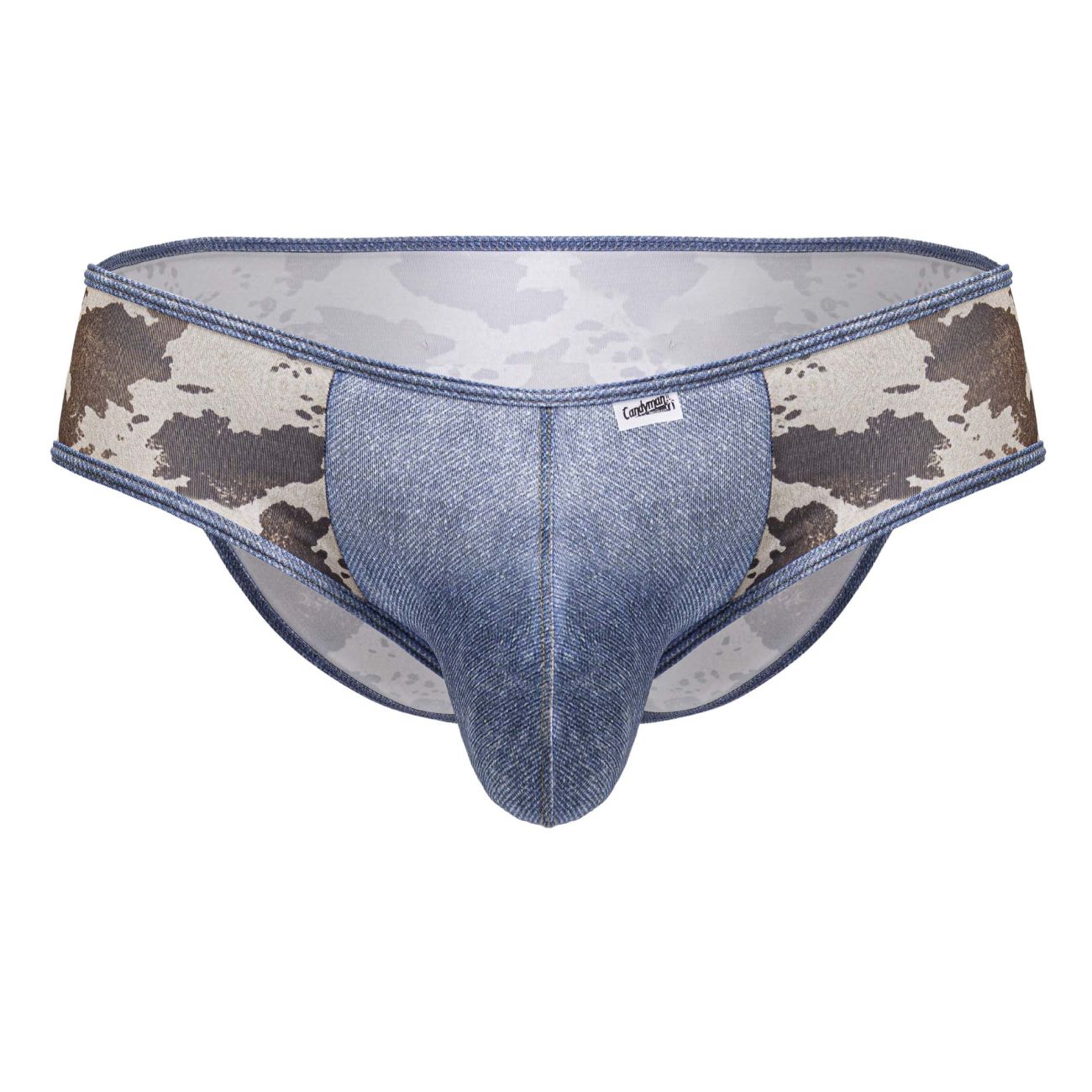 Blue denim textured men’s briefs with camouflage side panels candyMan 99900 cowboy briefs animal print color