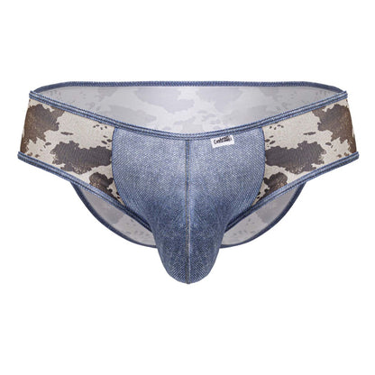Blue denim textured men’s briefs with camouflage side panels candyMan 99900 cowboy briefs animal print color