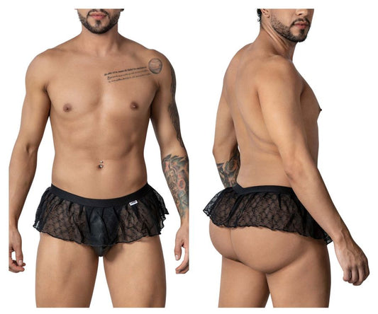 Black candyMan 99901 geometric mesh thongs with lace trim ruffled hem and elastic waistband front view