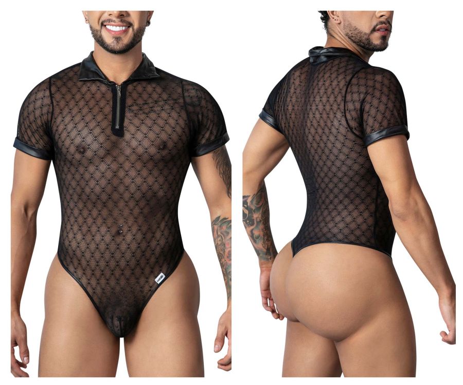 Black candyMan 99902 bodysuit with geometric mesh, zipper front, and faux leather collar, sleeves, and waistband trim
