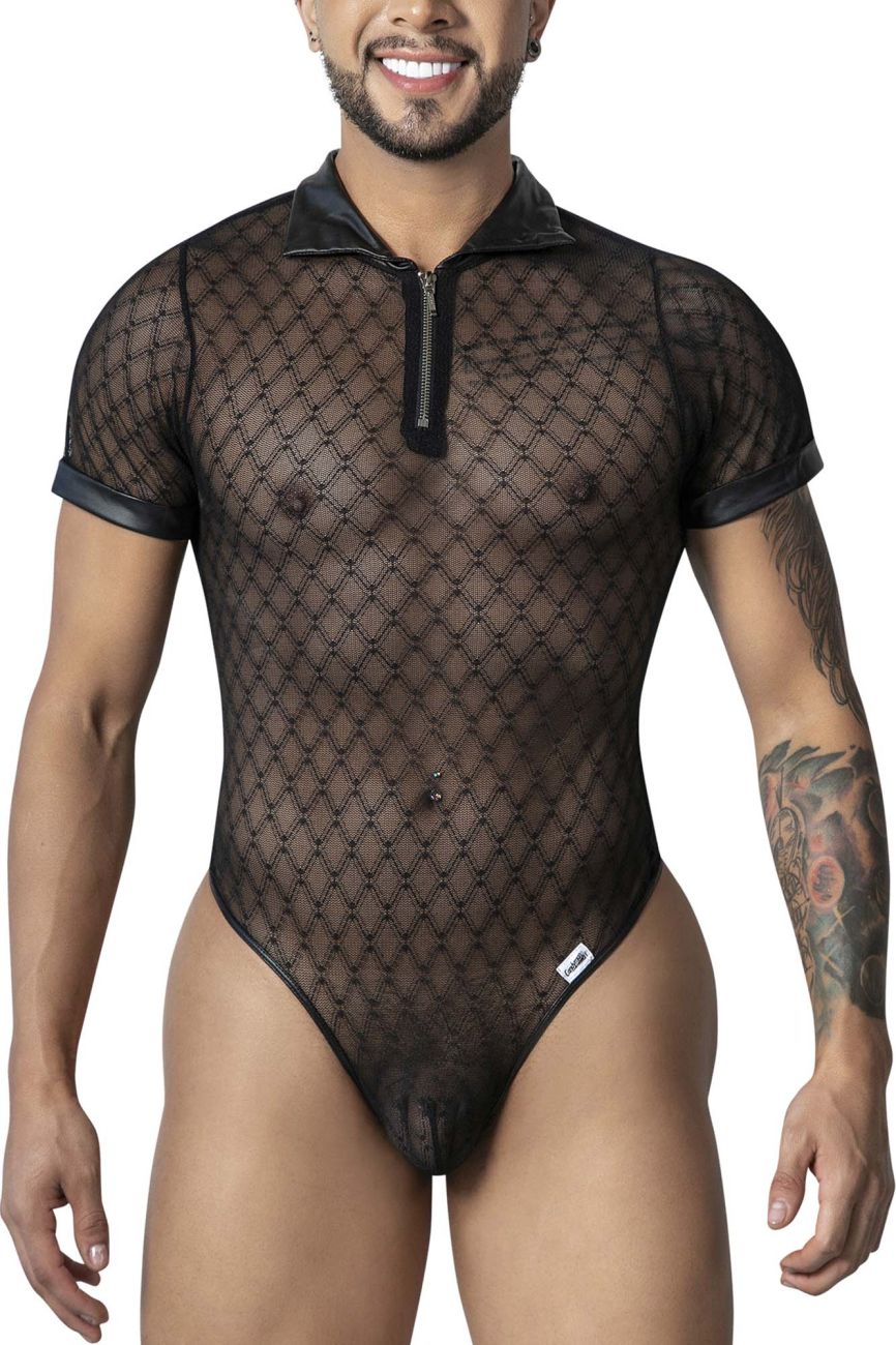 Black mesh bodysuit with collar and zipper front in geometric mesh fabric from Candyman model 99902
